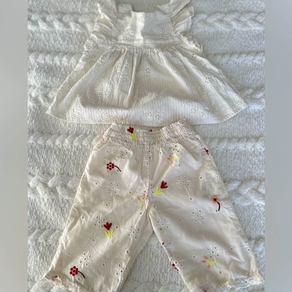 Zara Kids babygirl bundle Floral Embroidered eyelet Pants+ top  size 9-12 months